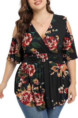 Miniatura 3 de TIANZHU Camisetas de talla grande para mujer, sexy, con cintura imperio, camisas de manga corta con detalle de hombros descubiertos