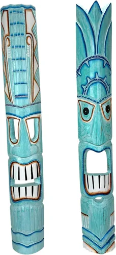 Zeckos Juego de 2 máscaras de pared Tiki de madera tallada a mano, 39 pulgadas de alto, acabado envejecido pintado, esculturas de pared para sala de