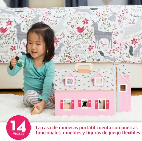 Miniatura 2 de Casa de muñecas de madera Fold and Go de Melissa & Doug con 2 muñecas y muebles de madera