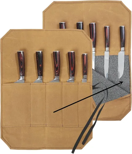 Miniatura 15 de Bolsa de rollo de cuchillo de lona encerada resistente, bolsa portátil para cuchillos de chef, duradera (verde militar)