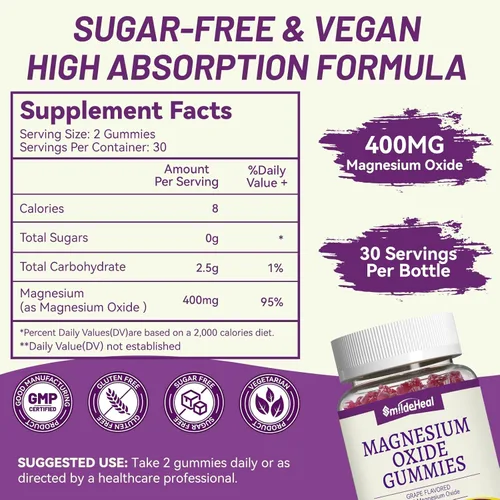 Miniatura 2 de Gomitas de óxido de magnesio de 400 mg, gomitas de magnesio masticables para mujeres y adultos, apoyo nervioso y muscular, sin azúcar, veganas, 60