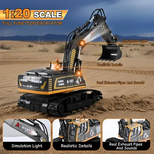 Miniatura 7 de kolegend - Juguete de excavadora a control remoto de 16 pulgadas, vehículos de construcción RC de 9 canales, excavadoras hidráulicas y vehículos