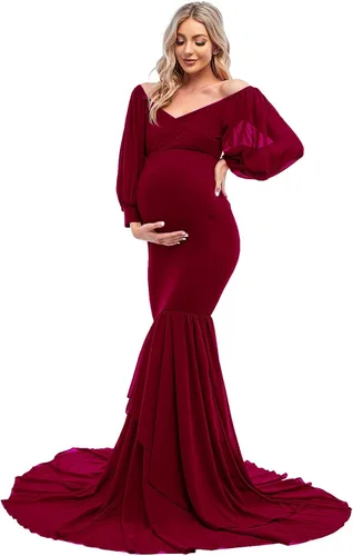 Miniatura 3 de ZIUMUDY Vestido de sirena ajustado de maternidad para sesión de fotos, manga larga, falda de gasa escalonada, vestido de accesorios para fotos