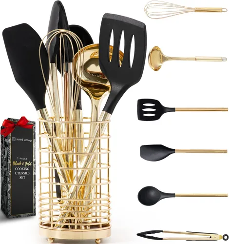 Miniatura 13 de Juego de utensilios de cocina de silicona blanca y dorada con soporte dorado para utensilios – 7 piezas de silicona – Ideal para utensilios
