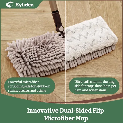 Miniatura 3 de Eyliden Trapeador de polvo abatible de doble cara, fregado de microfibra y chenille para suelos húmedos y secos para pisos de madera dura, azulejos