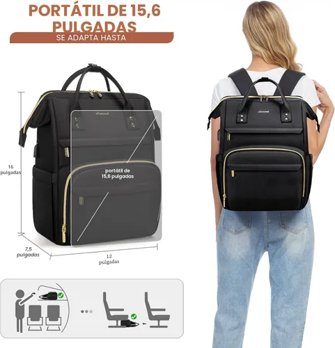 Miniatura 5 de LOVEVOOK Mochila para laptop, 15.6 pulgadas profesional para mujer, bolsa de computadora, mochila para enfermera, profesora, bolsa de trabajo Negro