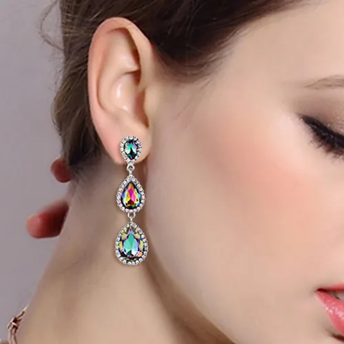 Miniatura 136 de EleQueen Pendientes de cristal austriaco en tono dorado para mujer, forma de pera de 2.5 pulgadas, color esmeralda