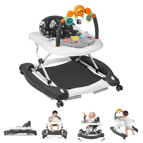 Miniatura 10 de Andador de bebé, 5 en 1 para niños y niñas de 6 a 12 meses, andadores plegables para bebés con gorila y bandeja de alimentación, música, alturas