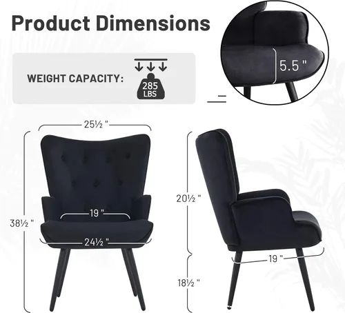 Miniatura 2 de Furniliving Silla de Acento de Terciopelo para Sala de Estar, Silla de Lectura Tapizada con Respaldo Alto, Sillón de Respaldo Alado con Botones Negro