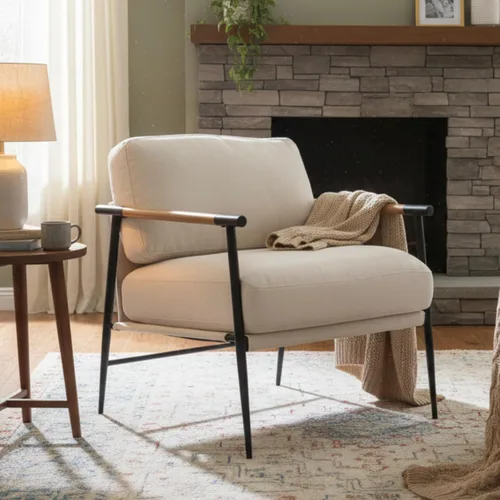 Ya-Home Silla Decorativa de Mediados del Siglo, Silla Suave de Chenille con Patas de Metal Negro, Silla Tapizada de Ocio para Sala de Estar Beige