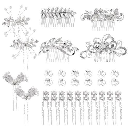 Cinaci Paquete de 40 peines laterales para el pelo de novia con diamantes de imitación plateados brillantes y en forma de U, pasadores para el