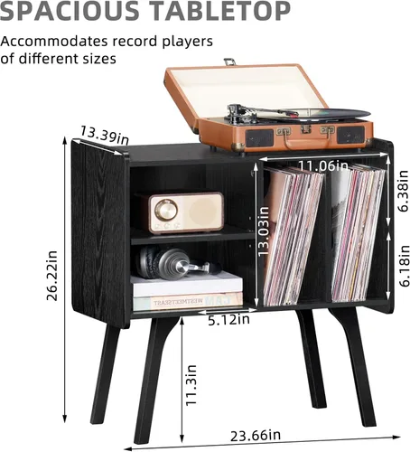Miniatura 3 de LELELINKY Soporte para tocadiscos, mesa de almacenamiento de discos de vinilo con 4 gabinetes de hasta 120 álbumes, soporte para tocadiscos de Negro