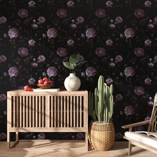Miniatura 2 de Papel tapiz floral negro para despegar y pegar, papel tapiz de vinilo para pegar y pelar, papel de contacto rosa oscuro para gabinetes, papel