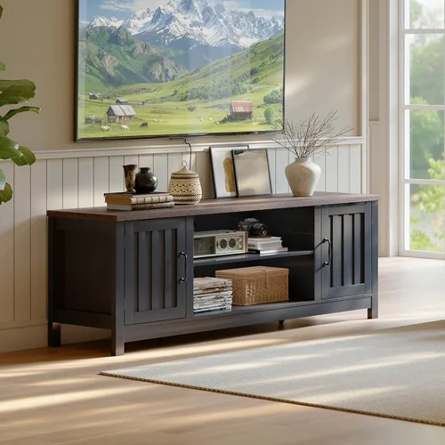 Miniatura 8 de ChooChoo Soporte de TV estilo granja, centro de entretenimiento de madera con puerta acanalada con gabinetes de almacenamiento y estantes abiertos