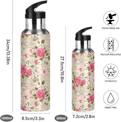 Miniatura 2 de Vintage Pink Flowers Stainless Steel Vacuum Insulated Water Bottle 32 Oz Leakproof Water Bottles, BPA-Free Sports Water Bottle with Straw