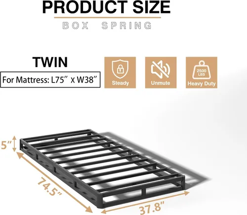 Miniatura 2 de Somier de 5 Pulgadas para Cama Individual, Base de Colchón de Metal Resistente, Capacidad de 2500 lbs, Bajo Perfil, Sin Ruido, Fácil Montaje