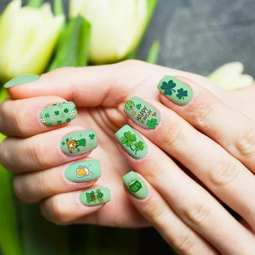 Miniatura 5 de Whaline Juego de 10 placas de estampado de arte de uñas del día de San Patricio, plantillas de sello de imagen de gnomo de trébol, trébol