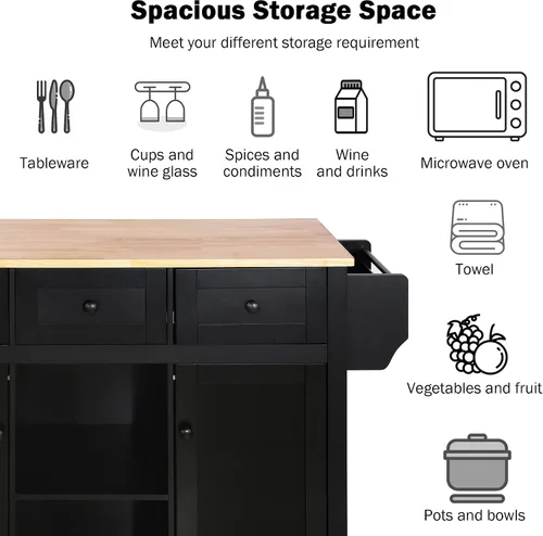 Miniatura 6 de Isla de cocina con encimera de hojas caídas, estantes de almacenamiento interno, carrito de cocina rodante con 5 ruedas con estantes abiertos y 3