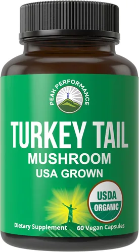 Peak Performance Cápsulas orgánicas de cola de pavo - Cultivadas en Estados Unidos con hongo real de cola de pavo. Apoyo al sistema inmunológico