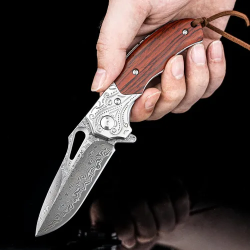 Miniatura 4 de Cuchillo de bolsillo de damasco NedFoss para hombres, cuchillo plegable de damasco de acero VG10 forjado a mano de 2.75" con funda de cuero retro