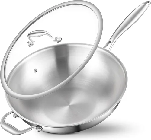Miniatura 8 de DELARLO Woks y sartenes para saltear, sartén de acero inoxidable de 13 pulgadas con tapa, superficie de cocción grande, sartén wok de acero