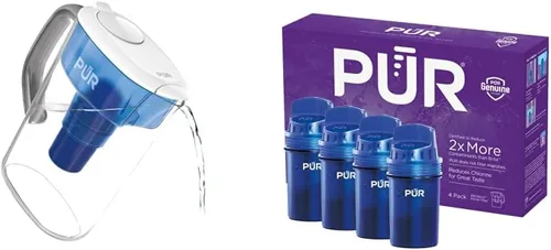PUR Paquete de jarra de filtro de agua de 7 tazas con 4 filtros de repuesto, pequeña capacidad para 7 tazas, filtración potente 2 en 1, filtración