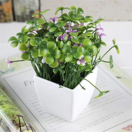 Miniatura 7 de Trébol cuadrado pequeño de cuatro hojas + flor (blanco) planta falsa en maceta artificial Bonsái Planta de plástico para el hogar, baño, hogar