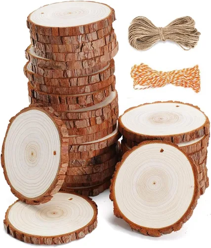 wohohoho 32 piezas de rodajas de madera natural de 2.8-3.2 pulgadas, kit de madera para manualidades sin terminar preperforado con agujero, círculos
