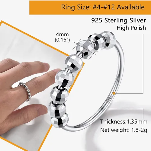 Miniatura 4 de PROSILVER 925 Sterling Silver Fidget Rings For Women Dainty Beads Spinner Ring For Anxiety Relief Size 4-12 Come Gift Box