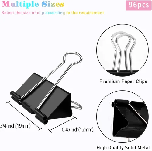 Miniatura 2 de Clips pequeños para carpeta, paquete de 96, 3/4 pulgadas, estándar de 0.748 in, negro, capacidad de 0.31 pulgadas, abrazadera plegable, clips