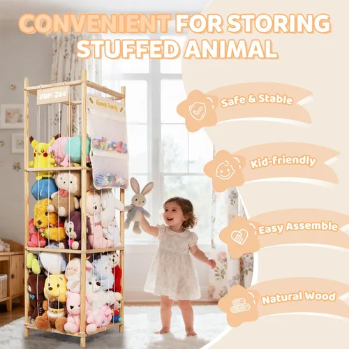 Miniatura 3 de Organizador de almacenamiento de animales de peluche, soporte grande de madera para juguetes de zoológico con bolsillos, peluches, almacenamiento