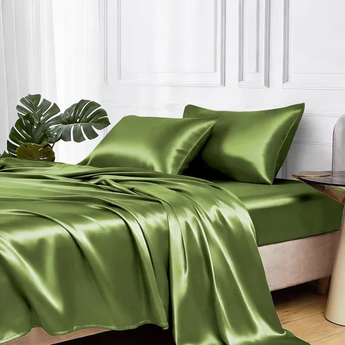 Miniatura 45 de MR&HM Sábanas de satén para cama de tamaño King, juego de 4 piezas de ropa de cama sedosa con bolsillo profundo de 15 pulgadas para colchón