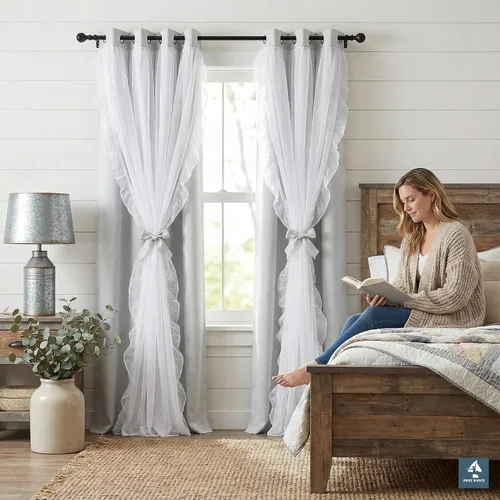 Miniatura 16 de PONY DANCE Cortinas con Volantes de Doble Capa con Superposición Transparente, Decoración Elegante para Ventanas de Diseño Rústico Francés de Campo