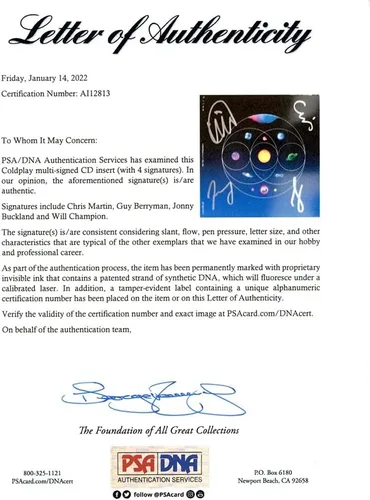 Miniatura 3 de Portada de CD firmada de Coldplay certificada como auténtica por PSA/DNA COA compatible con Coldplay