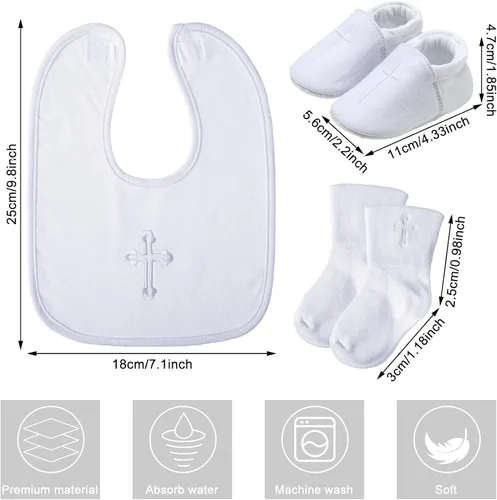 Miniatura 2 de Hicarer 5 piezas de regalos de bautismo para niños y niñas, incluyendo babero blanco bordado cruz babero bautizo zapatos y calcetines para bebé bebé
