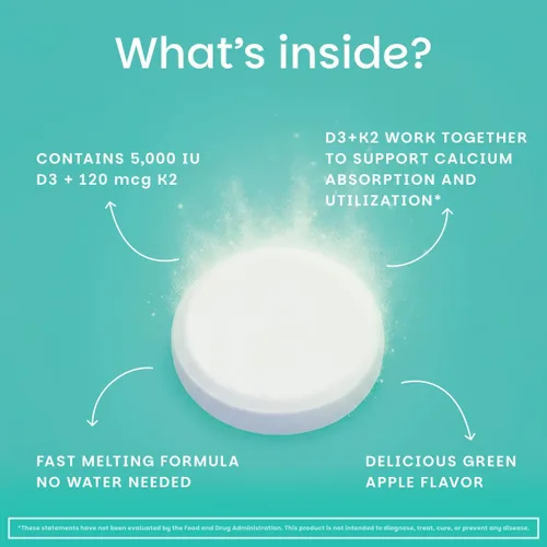 Miniatura 4 de EZ Melts D3, 5000 IU, vitaminas solubles, cero azúcar, sabor natural a manzana, libre de GMO, pastillas de disolución rápida, salud ósea e
