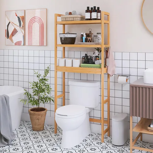 Miniatura 2 de SMIBUY Estante de almacenamiento de baño, estante organizador de bambú sobre el inodoro, ahorro de espacio de inodoro independiente con estantes