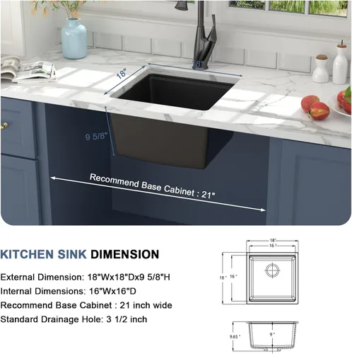 Miniatura 5 de Lordear Fregadero de Bar Empotrado de Granito Compuesto de 18 Pulgadas 18"x18" Fregaderos de Cocina de Cuarzo Compuesto Negro de Un Solo Tazón Bajo