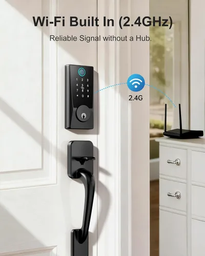 Miniatura 2 de Cerradura inteligente WiFi con asa, cerradura de puerta WiFi integrada, cerrojo de entrada sin llave para puerta delantera, huellas dactilares
