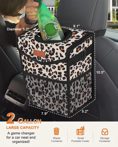 Miniatura 2 de Pritent Bote de basura para automóvil con tapa, lindo cubo de basura a prueba de fugas para colgar el vehículo, pequeño organizador portátil