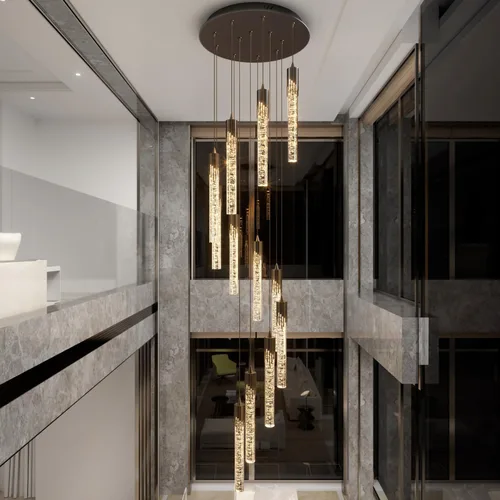 Miniatura 6 de Flashing God Candelabro LED moderno, 10 luces negras regulables, lámpara colgante con control remoto de techo alto para escalera, sala de estar