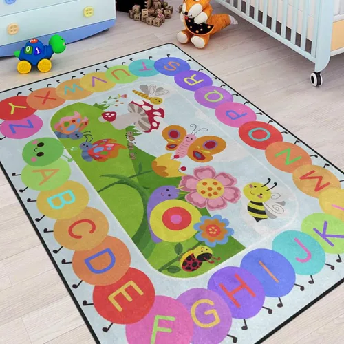 Alfombra para Niños, Alfombra de Oruga Arcoíris ABC Letras del Alfabeto Tapete Educativo - 5x7 Pies Alfombra de Área de Aprendizaje con Respaldo de