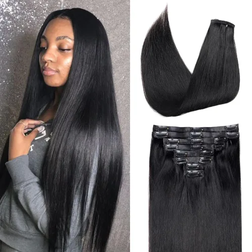 Miniatura 20 de Extensiones de cabello humano real con clip, 8 unidades, cabello humano Remy liso de seda suave natural, 4.23 oz, 20 pulgadas, negro natural #1B, 8