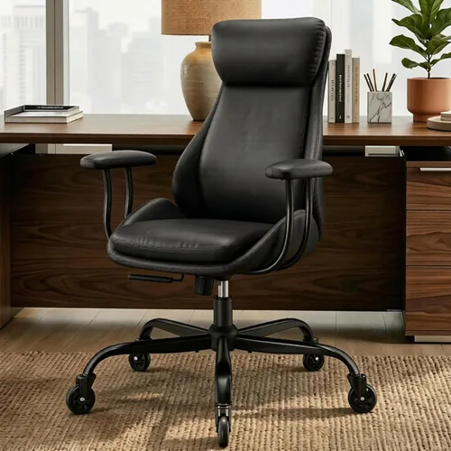 Miniatura 10 de E-Motie Silla de escritorio para oficina en casa, silla de computadora ergonómica con soporte lumbar, altura ajustable, con ruedas de PU, silla