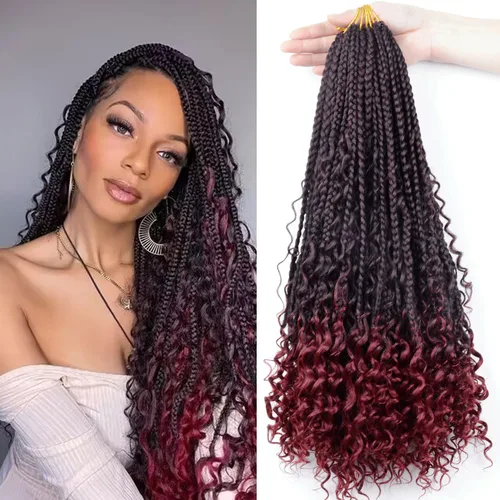 Miniatura 19 de LMZIM 18 Pulgadas Trenzas de Caja Bohemias 8 Paquetes Trenzas de Caja de Diosa Bohemia Cabello de Ganchillo con Puntas Rizadas Cabello de Ganchillo