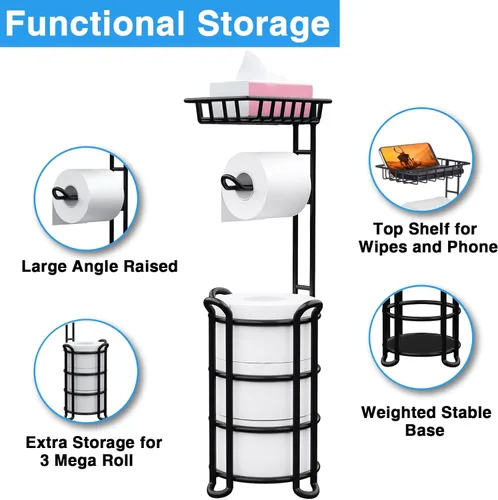 Miniatura 2 de Soporte de papel higiénico con estante, estante de almacenamiento de rollos de papel higiénico con dispensador para baño, color negro