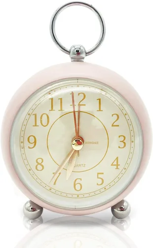 Reloj de alarma pequeño vintage Rohome con luz nocturna, rosa, movimiento de cuarzo, funciona con pilas, sin tictac, decorativo, para mesita de