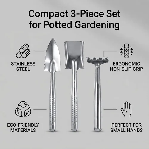 Miniatura 4 de Mini juego de herramientas de jardinería, kit de cuidado de plantas de interior de acero inoxidable con rastrillo de pala para plantas en maceta