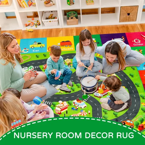 Miniatura 5 de Alfombra de juego para niños, alfombra de tráfico para carretera, 118 x 78.7 pulgadas, para sala de juegos, transporte ABC, alfombra educativa