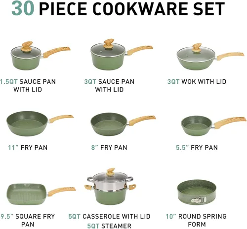 Miniatura 8 de MAISON ARTS Juego de 30 piezas de ollas y sartenes antiadherentes, juego de utensilios de cocina y de horneado con revestimiento de granito Verde